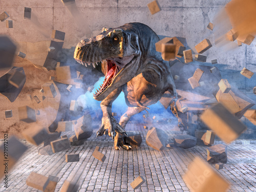 Fototapeta Naklejka Na Ścianę i Meble -  Danger predator carnivore dinosaur Tyrannosaurus Rex breaking through the wall.  Success, breakthrough, challenge in business metaphorical concept. 3D illustration