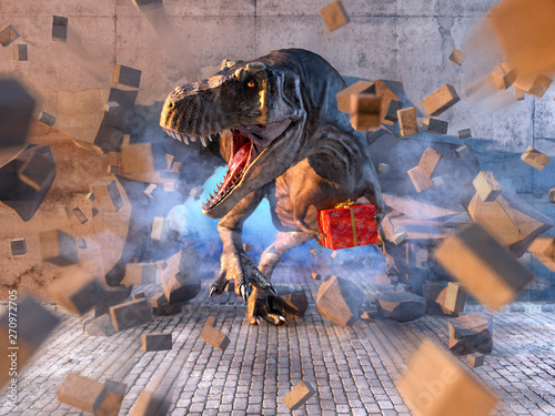 Obraz Dinozaur Tyrannosaurus Rex z czerwonym owiniętym świątecznym pudełkiem. Śmieszne Wesołych Świąt lub nowego roku karty z pozdrowieniami koncepcji. Ilustracja 3D