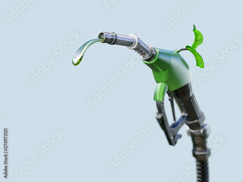Gas  or diesel pump nozzle with gasoline or biofuel drop and growing green sprout symbolising environmental friendliness, isolated. Ecological gas diesel biofuel concept. 3D illustration photo