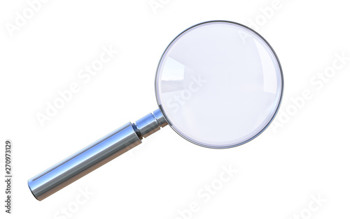 Magnifying glass, optic loupe with metal handle as research symbol with blank studio background. 3D illustration