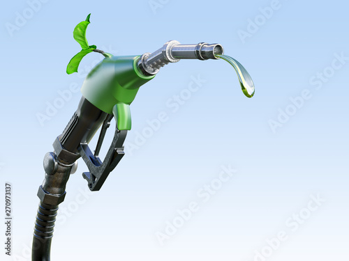Gas or diesel pump nozzle with gasoline or biofuel drop and growing green sprout symbolising environmental friendliness, isolated. Ecological gas diesel biofuel concept. 3D illustration