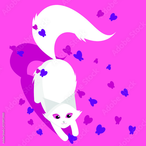 White fluffy cat hunts is played with butterflies. Funny cat with pink eyes. Multicolored butterflies. Illustration flat cartoon.