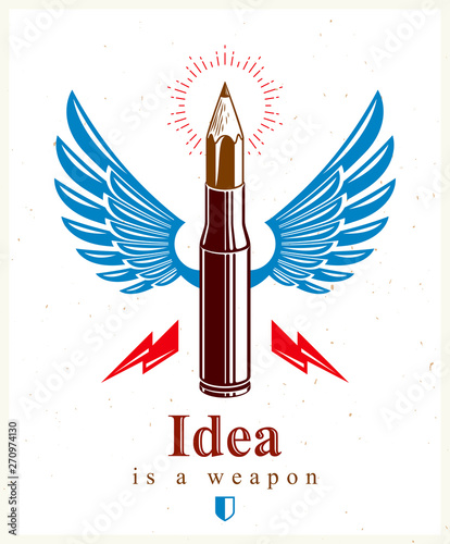 Idea is a weapon concept, weapon of a designer or artist allegory shown as a winged firearm cartridge case with pencil instead of bullet, creative power, vector logo or icon.