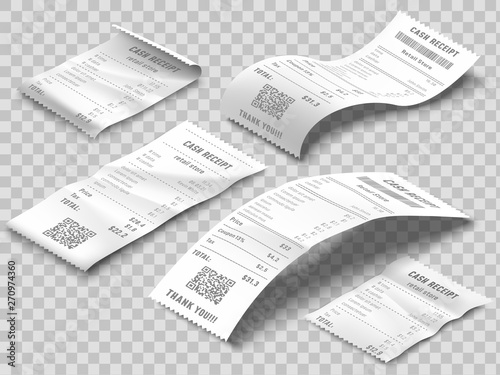 Isometric receipts bill. Printed billing receipt, payment bills and financial bank check print isolated realistic 3d vector set