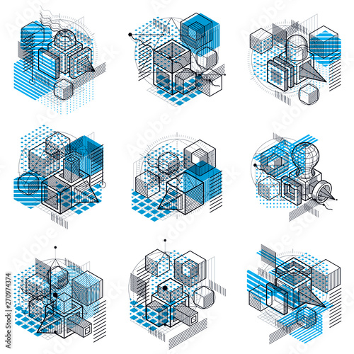 Isometric abstract backgrounds with linear dimensional shapes, vector 3d mesh elements. Compositions of cubes, hexagons, squares, rectangles and different abstract elements. Vector collection.