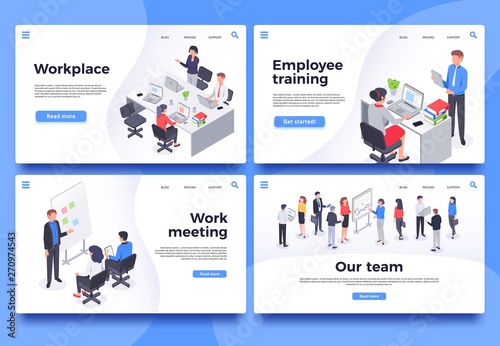 Workplace landing page. Office workers, brainstorm meeting and business team vector illustration set