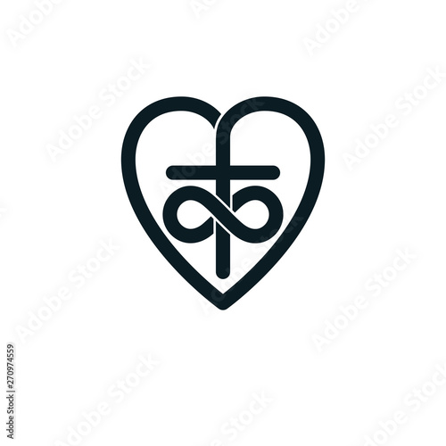 Immortal Love of God conceptual symbol combined with infinity loop sign and Christian Cross with heart, vector creative logo.
