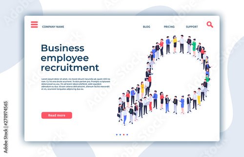 Recruitment landing page. We are hiring, magnifier human resources and business employee research isometric vector illustration