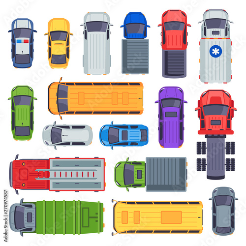 Top view public transport. Taxi car, city buses and ambulance vehicle. Delivery truck, school bus and fire engine vector set