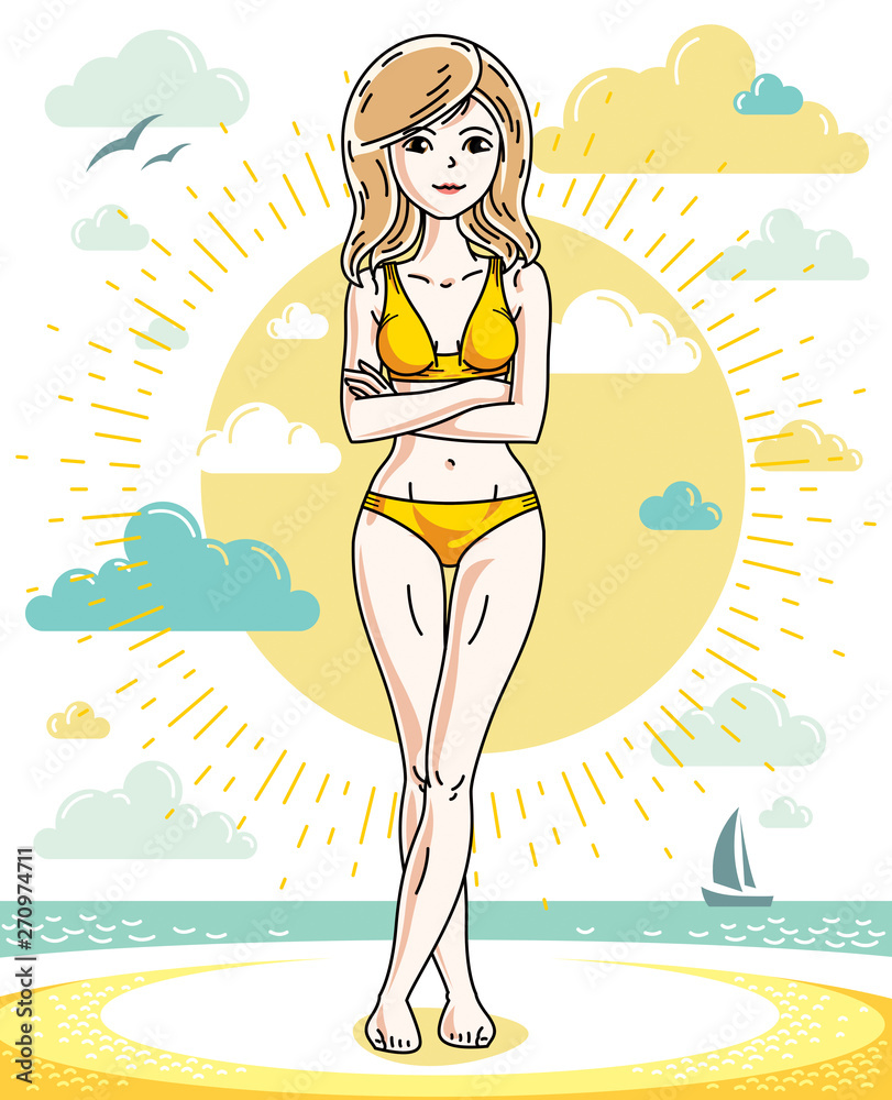 Happy young blonde woman posing on tropical beach and wearing swimsuit. Vector attractive female illustration. Summer vacation lifestyle theme cartoon.