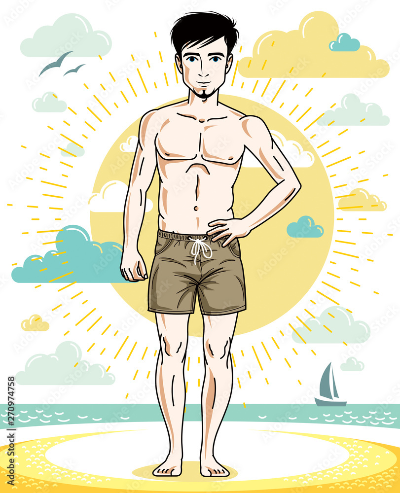 Handsome man with beard standing on tropical beach and wearing beachwear shorts. Vector human illustration. Summer vacation theme.