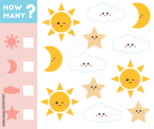 Counting Game for Children. Educational a mathematical game. Count how many stars, clouds, suns, moons and write the result!