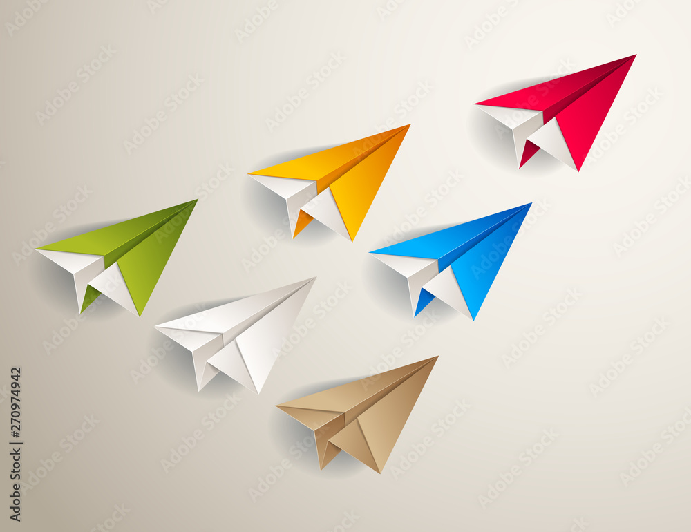 Flying origami plane leading the team group of smaller planes, business leadership concept, vector modern style 3d illustration.