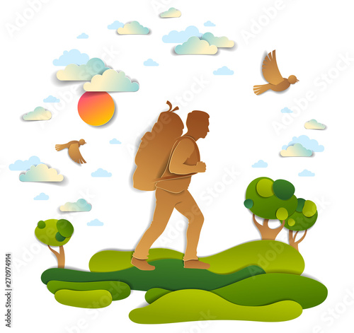 Fototapeta Naklejka Na Ścianę i Meble -  Young active man hiking to nature with grasslands and trees, vector illustration of beautiful summer scenic landscape, birds in the sky, holidays.