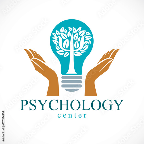 Psychology concept vector logo or icon created with Greek Psi symbol as a tree with leaves inside of idea light bulb with tender caring hands of psychotherapist, mental health concept.