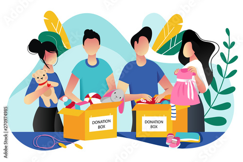 Toys and kids clothes donation. Vector trendy flat cartoon illustration. Social care, volunteering and charity concept.