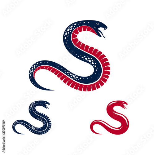 Snake vector logo emblem or tattoo, deadly poison dangerous serpent, venom aggressive predator reptile animal vintage style illustration.