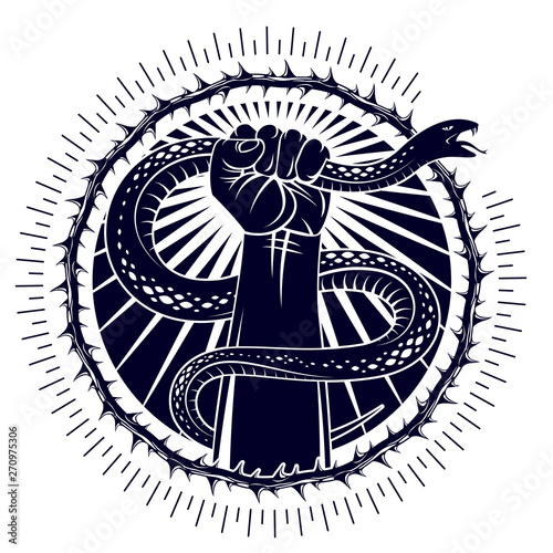Hand squeezes a snake, fight against evil, control your dark side, internal conflict, archetype shadow, life is a fight concept, vintage vector logo or tattoo.