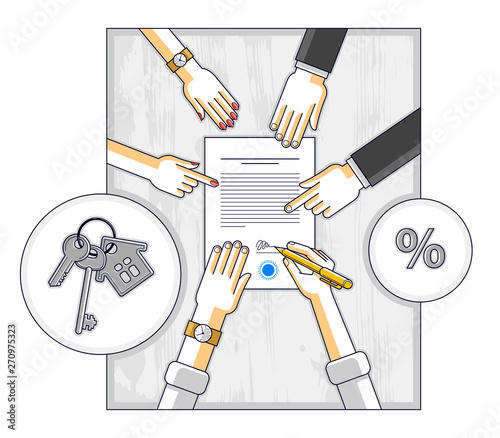 Business team make a presentation for investor and explains their plan with analytics, loaner or CEO chief signs financial document or order approve, deal conclusion. Top view of people hands. Vector.
