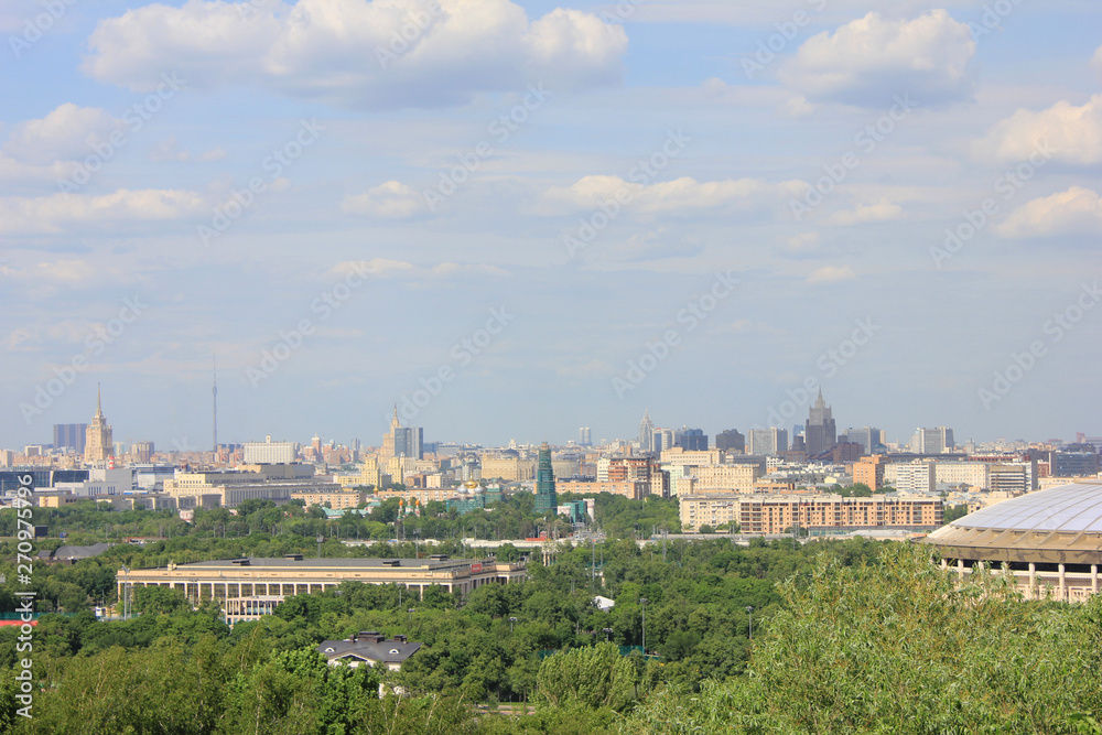 Moscow city skyline views from panoramic Sparrow Hills observation platform in Russia 
