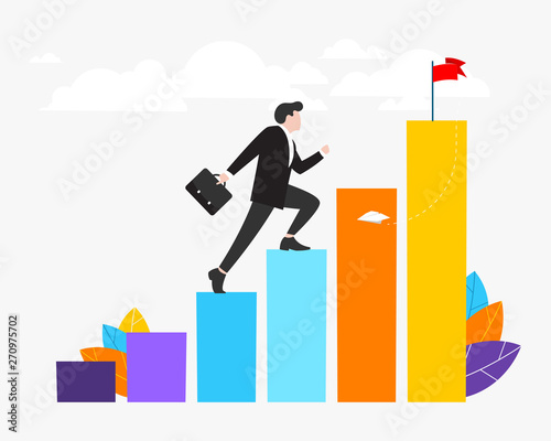 Vector illustration. a man walks up the stairs. Motivation. Move up. Way to success. Career growth. All elements are isolated.EPS 10.