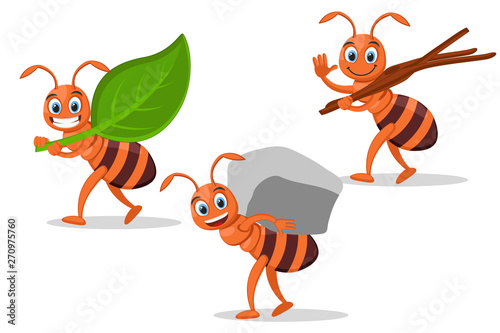Set ants carry leaf, stone and tree branches on a white.