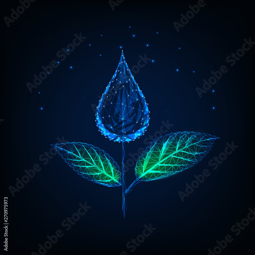 Futuristic glowing low polygonal plant made of water drop as a flower and green leaves.