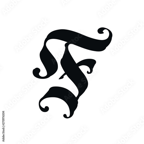 Letter F, in the Gothic style. Vector. Alphabet. The symbol is isolated on a golden background. Calligraphy and lettering. Medieval Latin letter. Logo for the company. Monogram. Elegant font for tatto