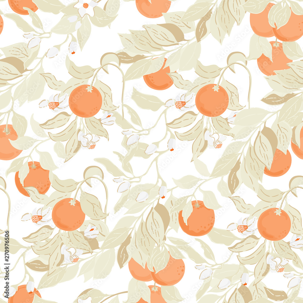 Orange fruits and blossoming trees seamless pattern on white background - Illustration, vector Orange fruits and blossoming trees seamless pattern on white background - Illustration, vector