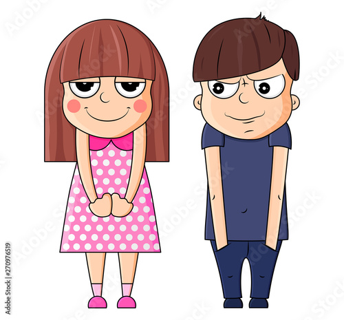 Cute cartoon boy and girl with smug expressions. Vector illustration