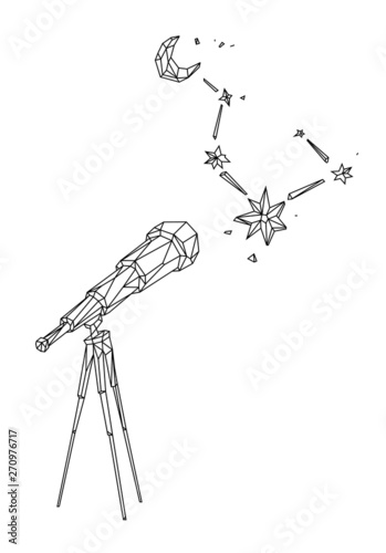 Low poly illustration of a telescope against a starry sky and the moon. Vector. Outline drawing. Retro style. Background, symbol, emblem for the interior. Business metaphor.