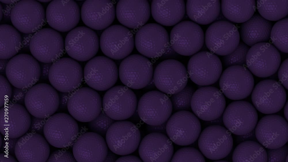 Animated close up top view and flying over pile of a lot of purple golf balls lying in large container or as if moving on conveyor belt.