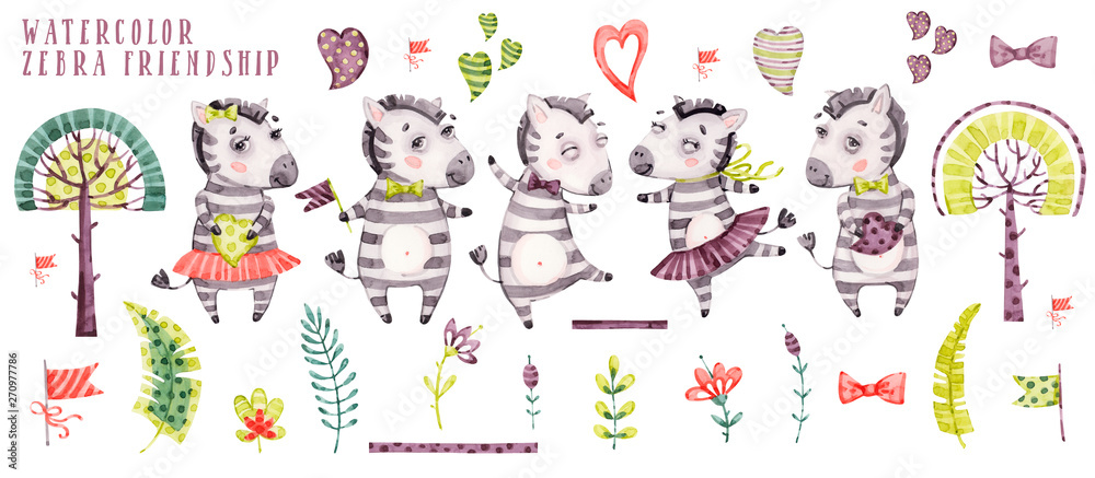 Fototapeta premium Cute watercolor cartoon zebra collection