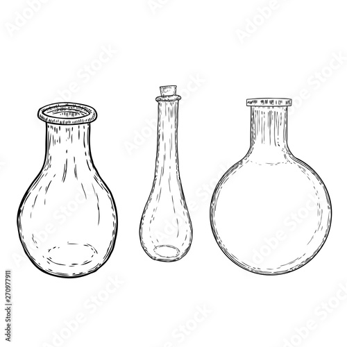 Set of witch bottles with magic liquid or poison and love potion, line and dot stipple art, hand drawn. Flash tattoo design. Vector