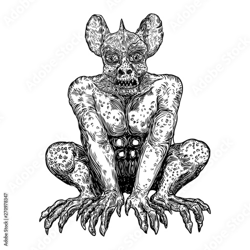 Demon, human like monster creature chimera with fangs horns, and claws. Mystic and occult hand drawn engraved devil vector.
