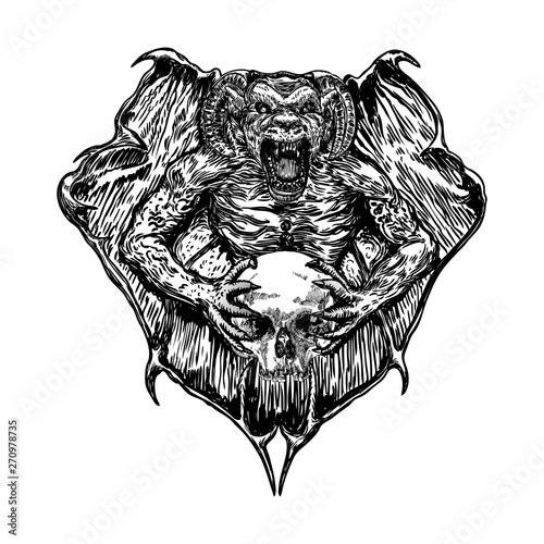Mythological ancient gargoyle creatures human and dragon like chimera with bat wings. Mythical gargouille with sharp fangs and claws holding human skull. Engraved hand drawn sketch. Vector.