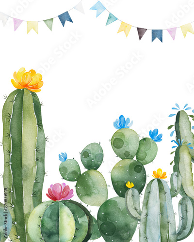Party invitation with green watercolor cactus,succulents,flowers and multicolored garlands.Birthday card.Perfect for your project,wedding,print,baby shower,bridal,template,invite and more.