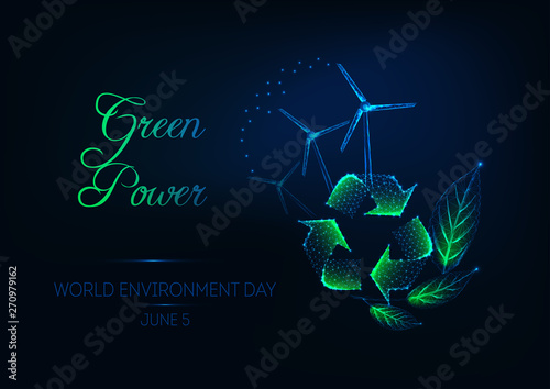 World Environment day web banner with recycle sign, green leaves, wind turbines and text Green power