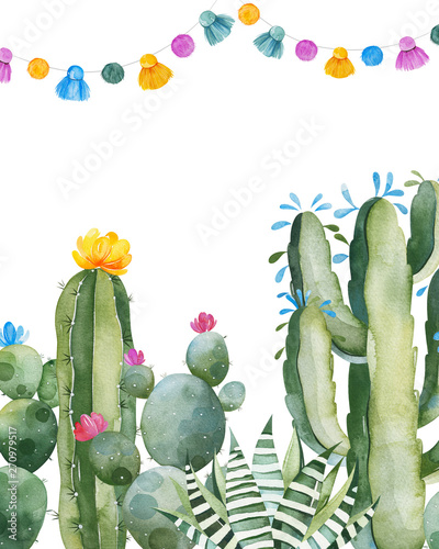 Party invitation with green watercolor cactus,succulents,flowers and multicolored garlands.Birthday card.Perfect for your project,wedding,print,baby shower,bridal,template,invite and more.