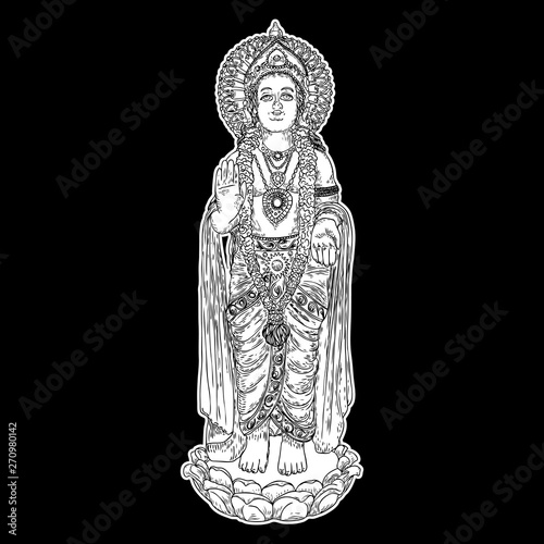 Lord Murugan classic statue drawing, God of war, son of Shiva and Parvati also known as Skanda. Vector.