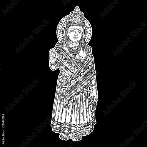 Devi Parvati classic traditional Hindu deity hand drawing. Vector.