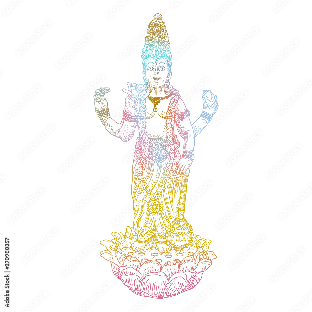 Lord Vishnu standing on lotus giving blessing hand drawn illustration in classic vision. Hindu God. Vector. Lord Vishnu standing on lotus giving blessing hand drawn illustration in classic vision. Hindu God. Vector.