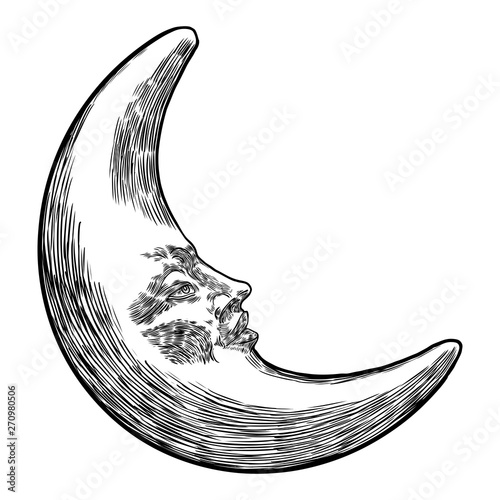 Hand drawn sketch of crescent moon human like face or anthropomorphic planet in black and white, isolated on white. Detailed antique vintage style stipple drawing. Vector.