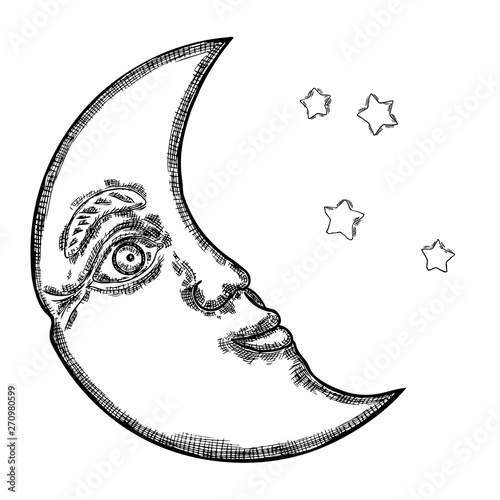 Hand drawn sketch of crescent moon human like face or anthropomorphic planet in black and white, isolated on white. Detailed antique vintage style stipple drawing. Vector.
