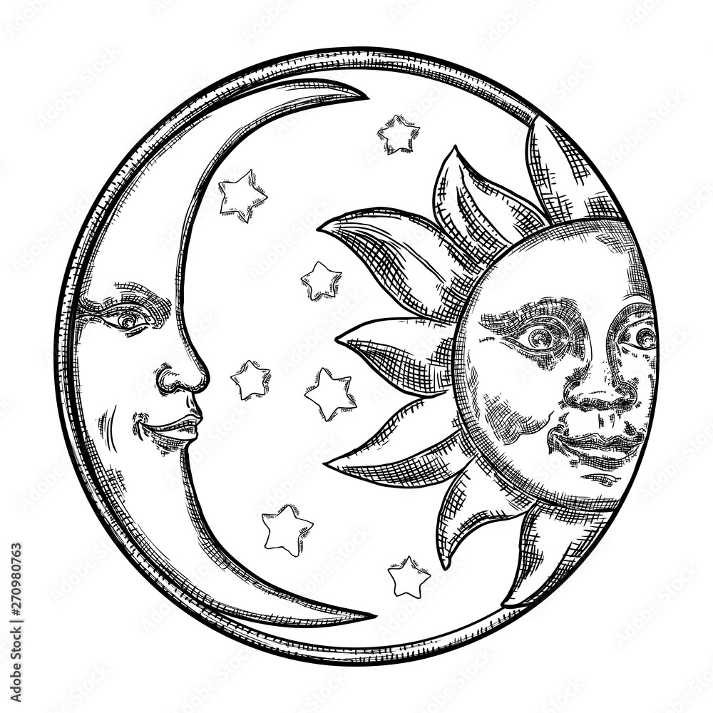 crescent moon and sun drawing