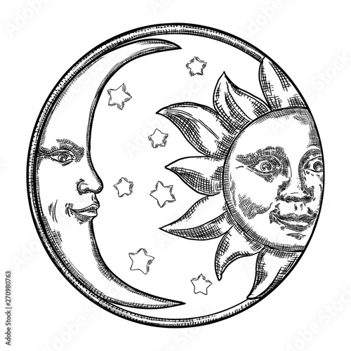 Hand drawn art sun and crescent moon. Flash tattoo design. Antique style design, isolated on white background. Vector