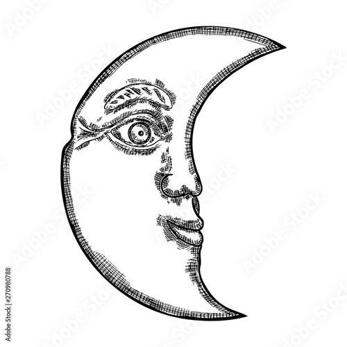 Hand drawn sketch of crescent moon human like face or anthropomorphic planet in black and white, isolated on white. Detailed antique vintage style stipple drawing. Vector.