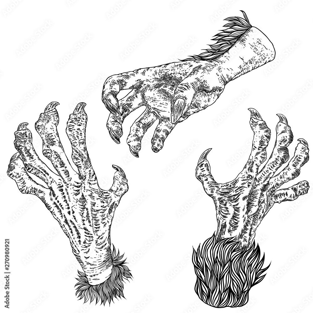 Halloween engraving drawings set of monsters hands werewolf witch