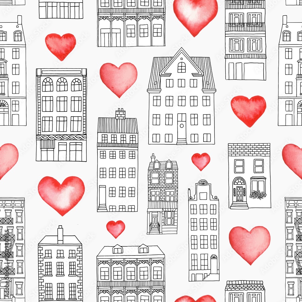 Home is where the heart is - seamless pattern with hand drawn houses and watercolor hearts