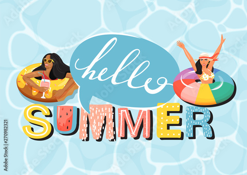 Beautiful women floating and sunbathing on inflatable rings in swimming pool. Slogan design "Hello summer" sign. Summer rest and vacation. Vector.